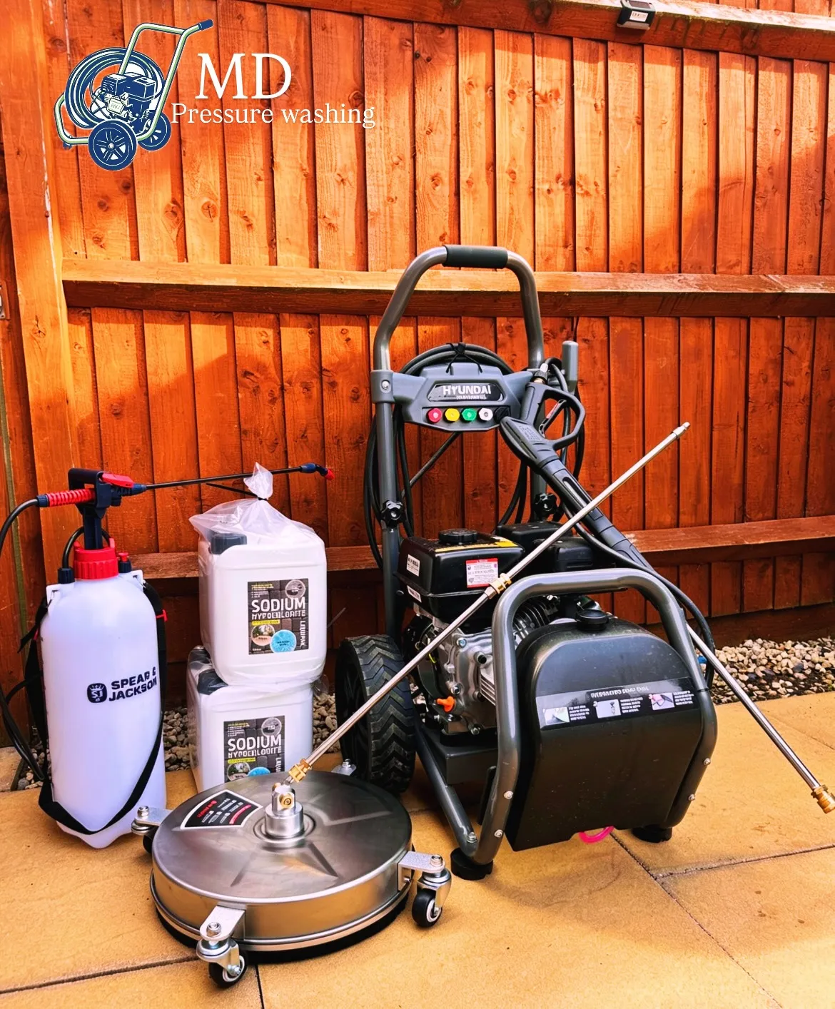 Mate's petrol pressure washer, rotary surface cleaner and gardening equipment loaded up for a job in Derby